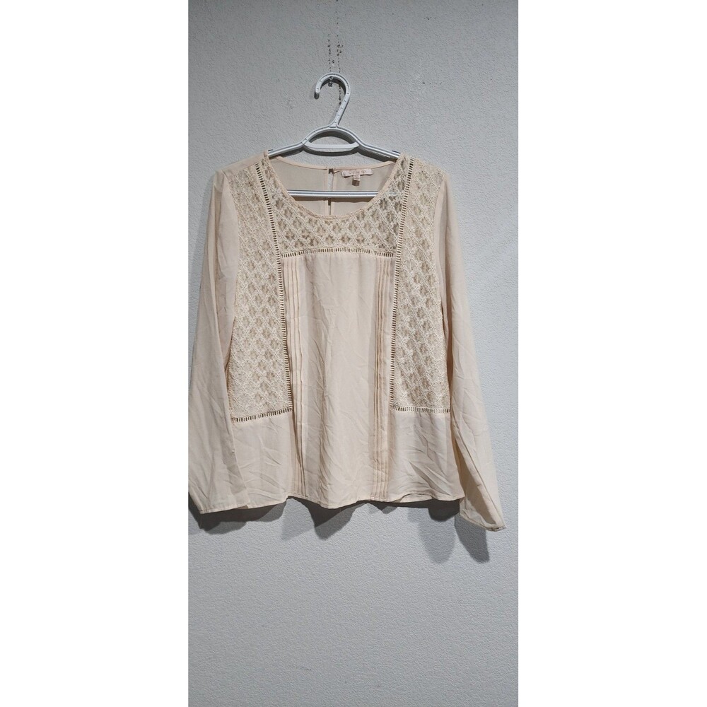 Skies Are Blue Embroidered Floral Long Sleeves Biege Blouse Top Womens Size M